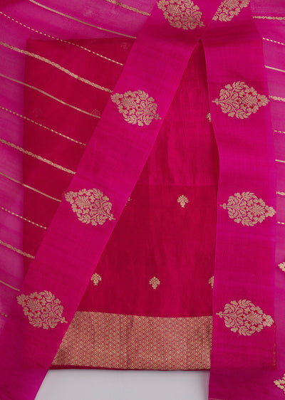 Rani Pink Banarasi Silk Unstitched Suit Set