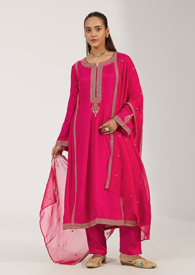 Rani Pink Dola Silk Anarkali Suit With Zari And Sequin Embroidery