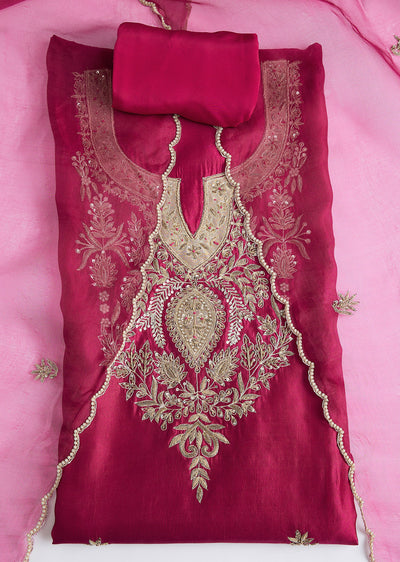Rani Pink Embroidered Dress Material Set With Contrasting Dupatta