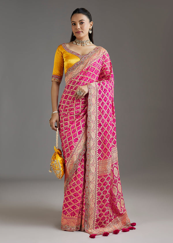 Rani Pink Khadi Georgette Saree With Satin Blouse