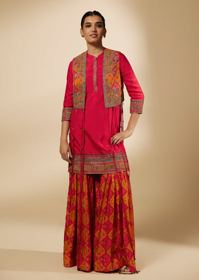 Rani Pink Patola Print Embellished Palazzo Suit Set With Jacket