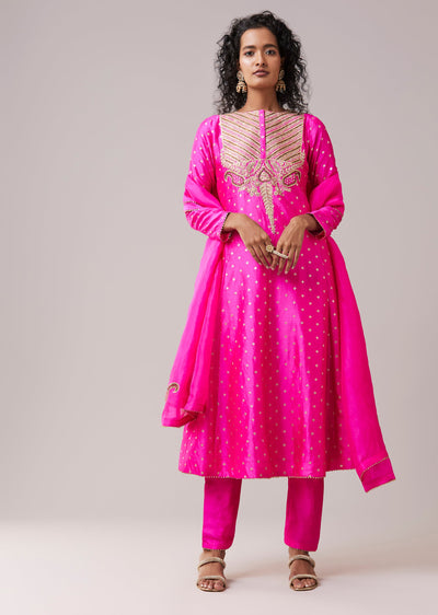 Rani Pink Pure Chiniya Silk Gota Work Anarkali Set