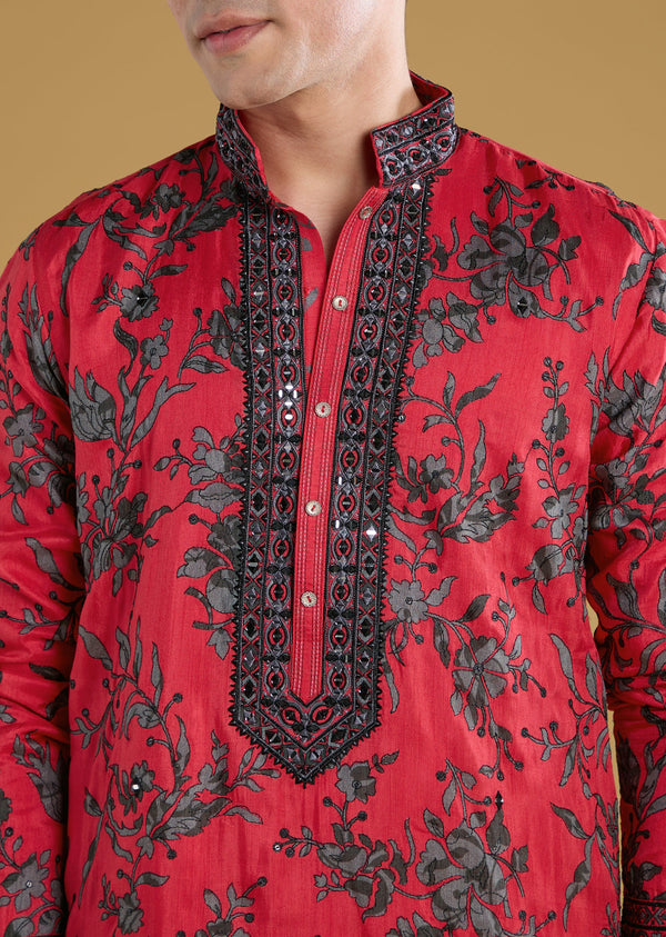 Rani Pink Silk Kurta Set With Thread And Mirror Detail Work