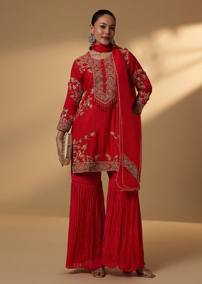 Rani Pink Silk Sharara Suit Set With Zari Gotta Embroidery