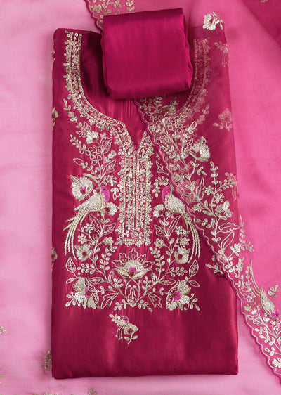 Rani Pink Zardozi Embroidered Dress Material Set
