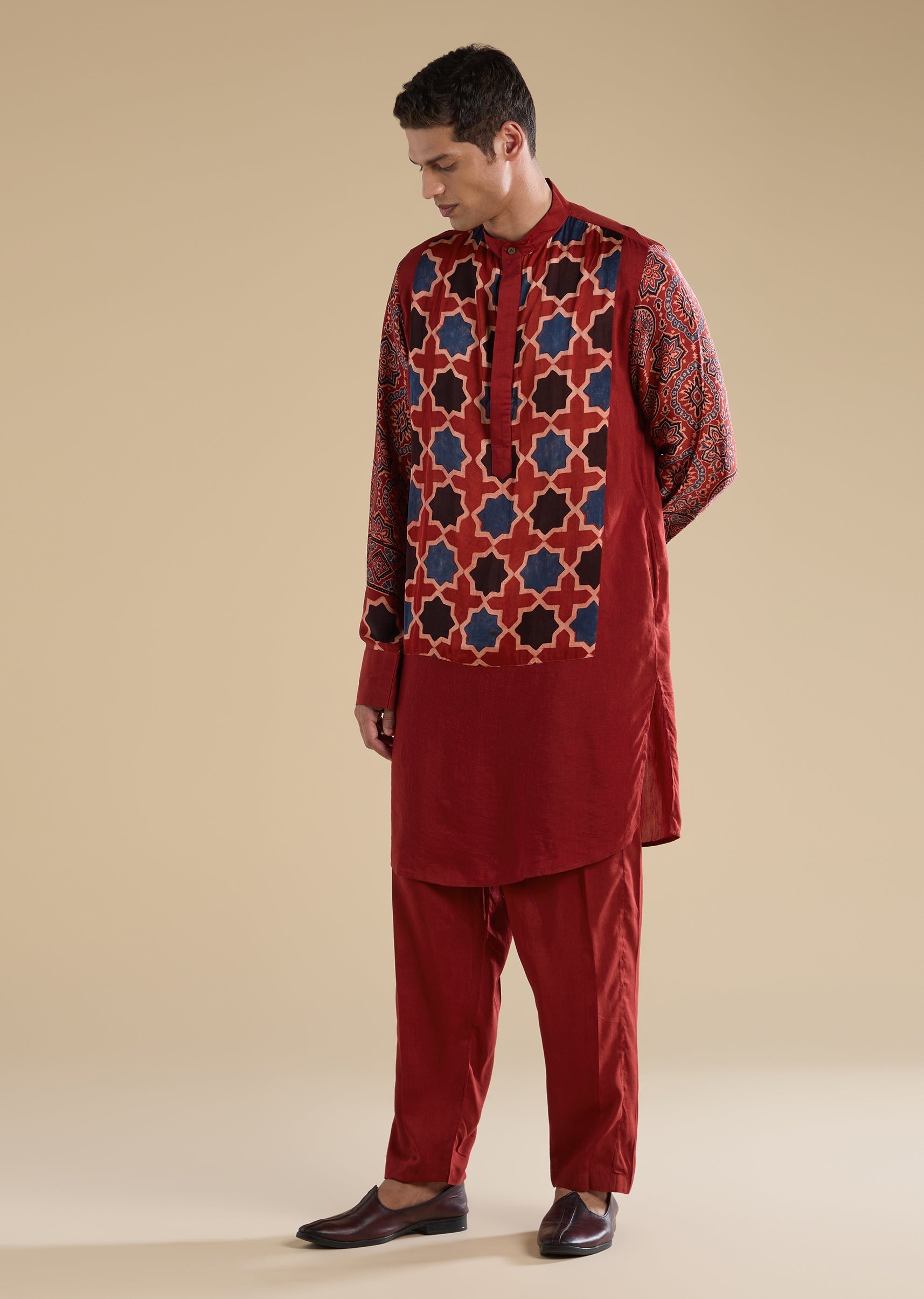 Red Ajrakh Printed Kurta Set