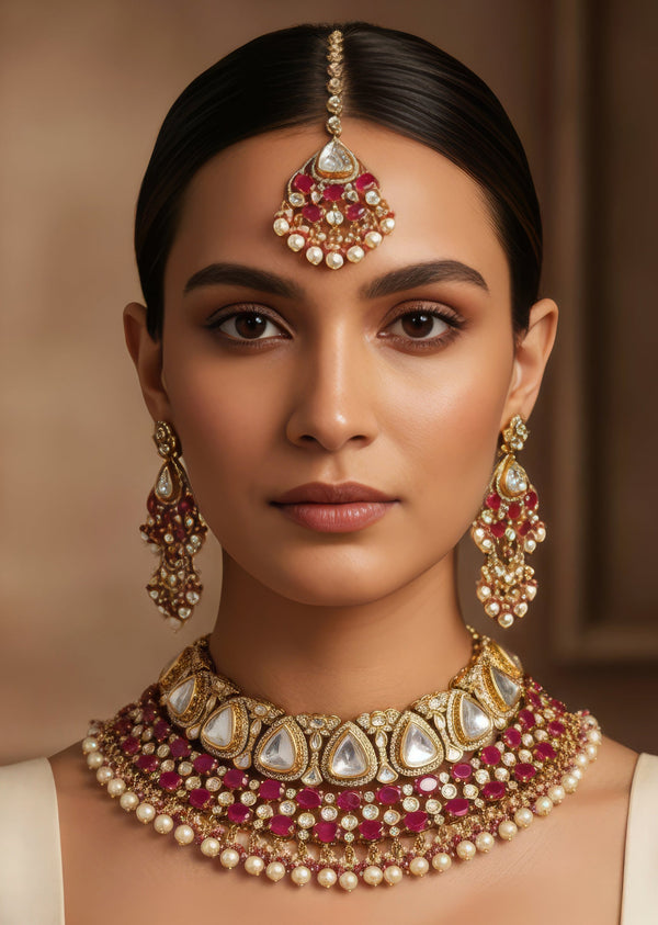 Red and Gold Finish Jewellery Set In Polki With Semi Precious Stones And Drops