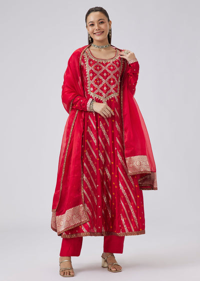 Red Banarasi Silk Bandhani Anarkali with Pant