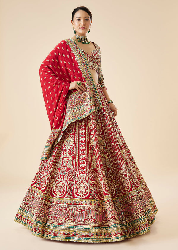 Red Bridal Printed And Embroidered Lehenga Set