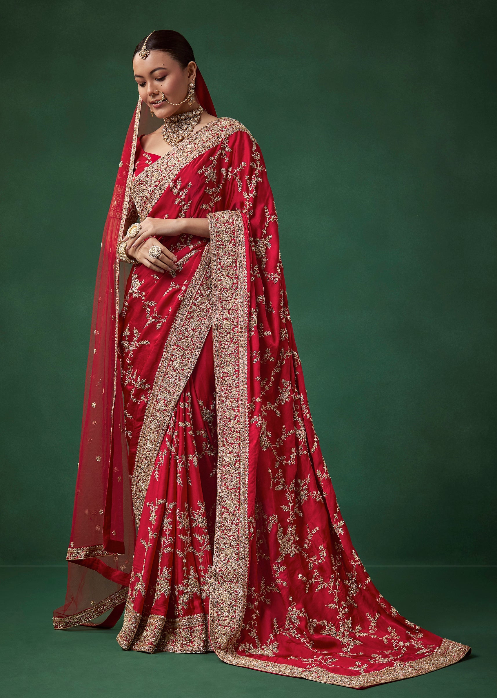 Red Bridal Soft Silk Embroidered Saree with Unstitched Blouse