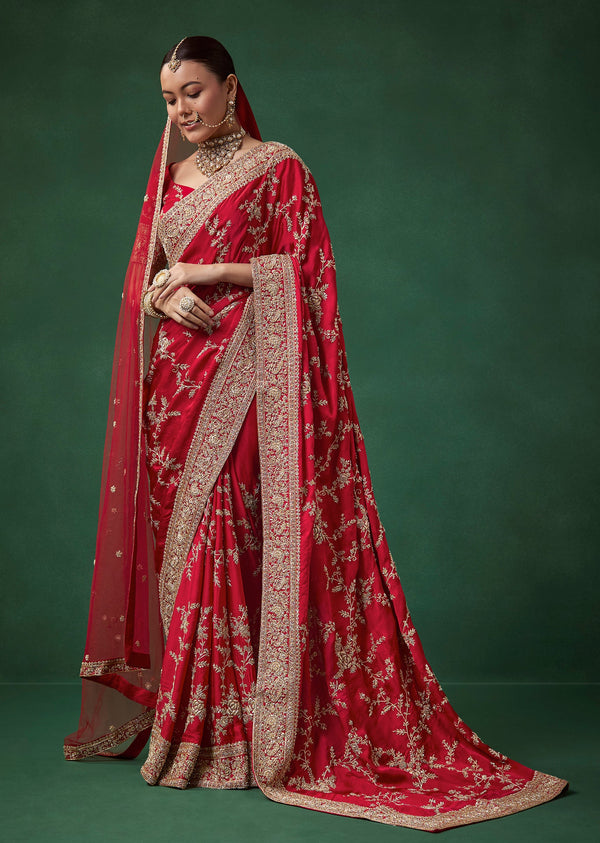 Red Bridal Soft Silk Embroidered Saree with Unstitched Blouse