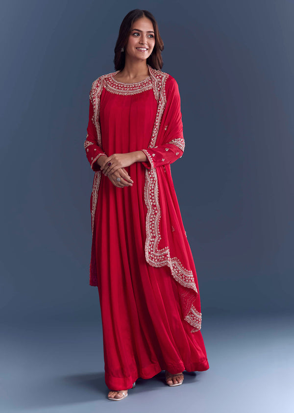 Red Chinon Anarkali With Sequinned Cutwork Dupatta