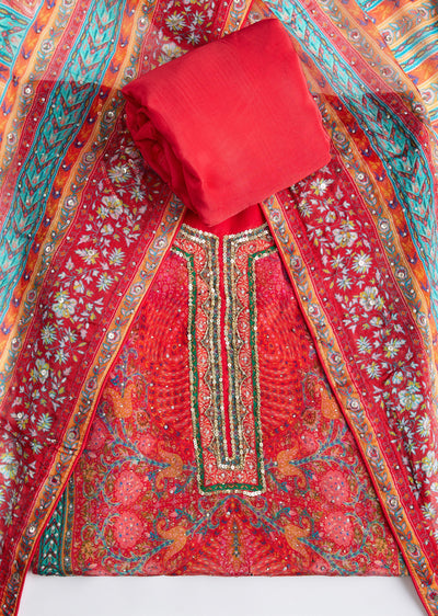 Red Crepe Printed Sequin Embroidered Dress Material Set