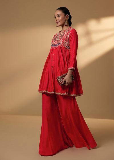 Red Dola Silk Peplum Kurti And Palazzo Set With Floral Embroidiery