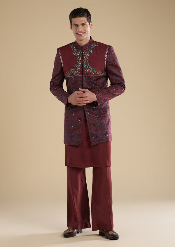 Red Embellished Indo Western Set With Kurta And Pants