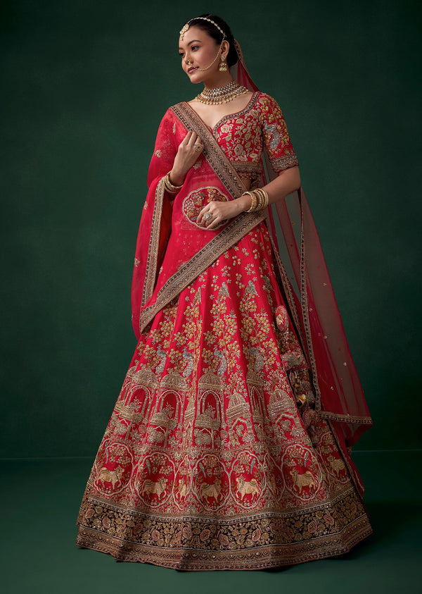 Red Floral Motif Embroidered Bridal Lehenga Sets