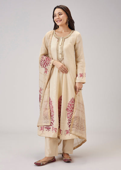 Red Hand Block Print Anarkali With Zardosi Work