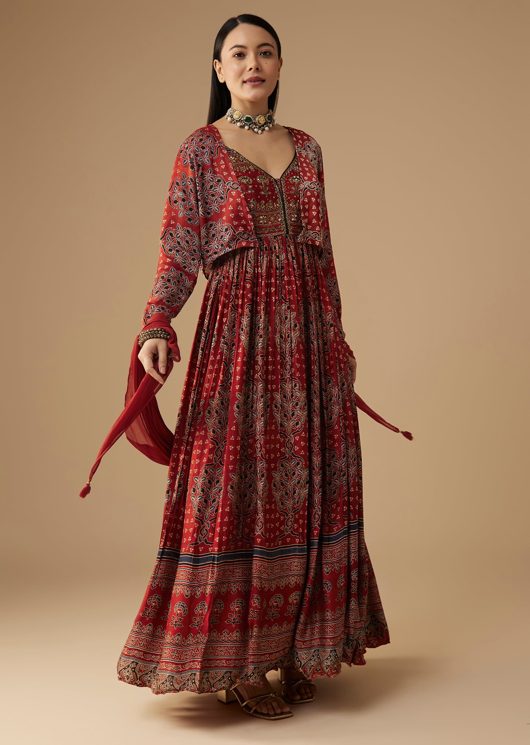 Red Hand Dyed Ajrakh Gown with Jacket and Scarf