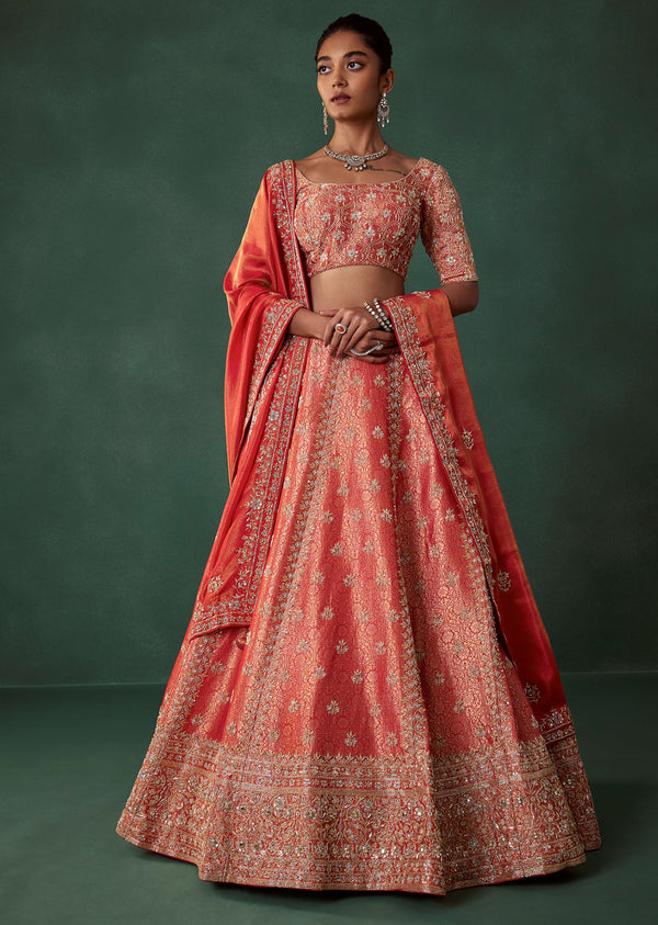Red Hand Embroidered Brocade Silk Bridal Lehenga Set