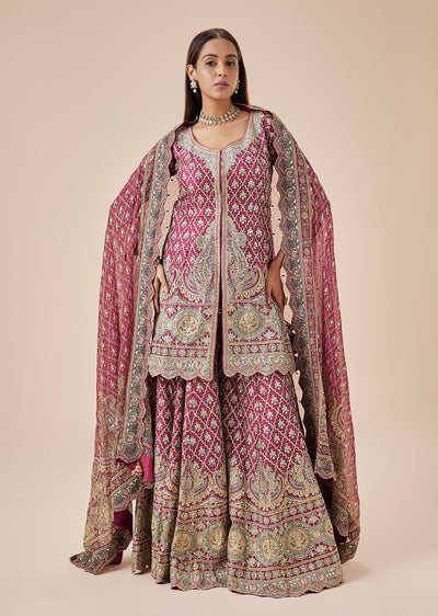 Red Indie Print Heavily Embellished Crepe Palazzo Suit Set