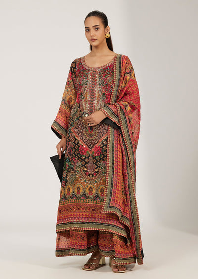 Red Indie Print Organza Kurta And Palazzo Set With Zari Embroidery
