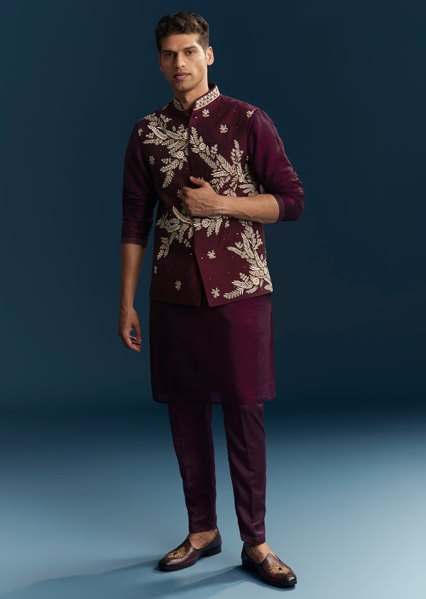 Red Maroon Silk Kurta Jacket Set With Thread Mirror Sequin Bead Work