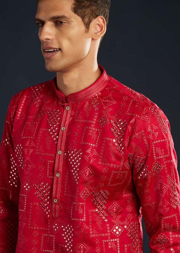 Red Mens Silk Abla Work Kurta Set