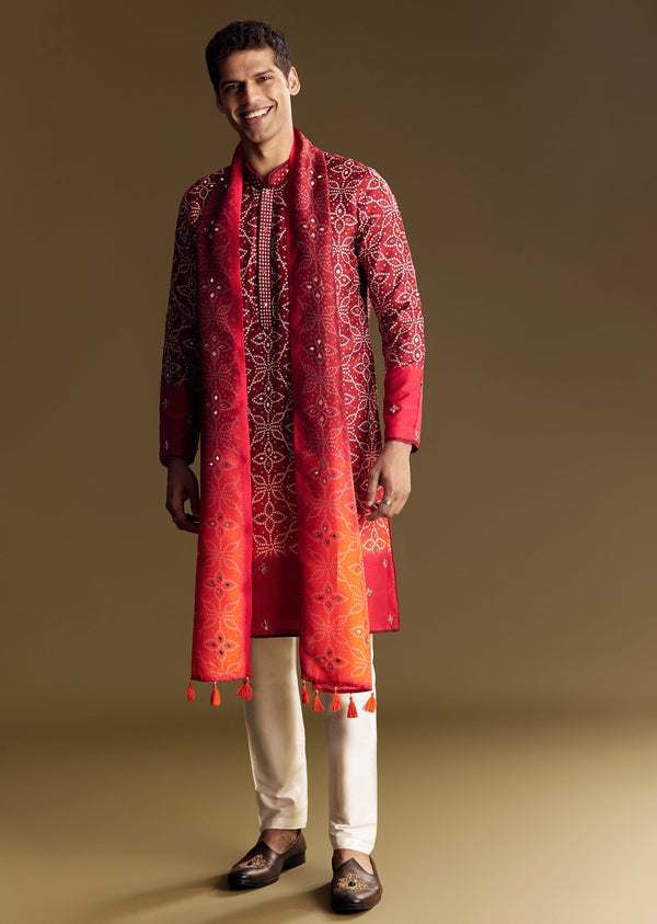 Red Ombre Kurta Set With Detailed Mirror Work