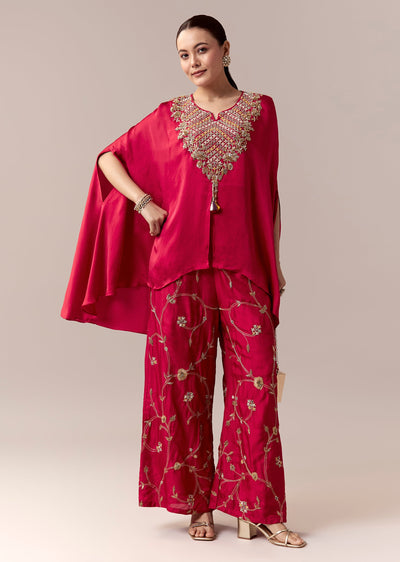 Red Palazzo Suit With Thread Zardosi And Moti Work