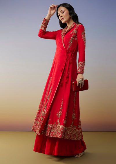 Red Silk Anarkali Suits with Cut Dana Sequins Work
