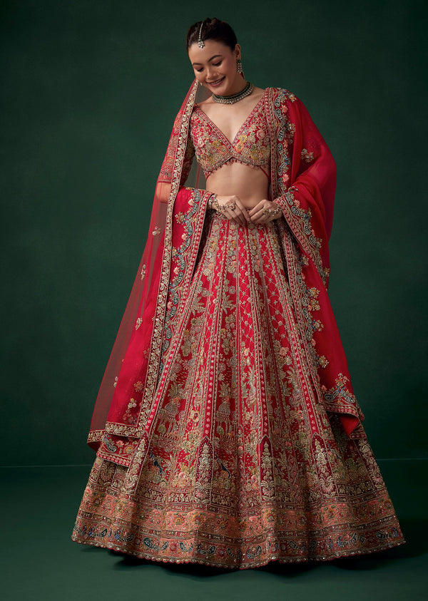 Red Silk Bridal Lehenga Set wit Zari Work