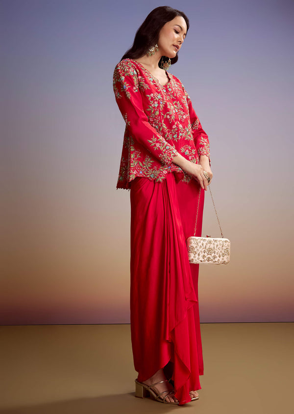 Red Silk Crop Top And Drape Skirt With Resham Work