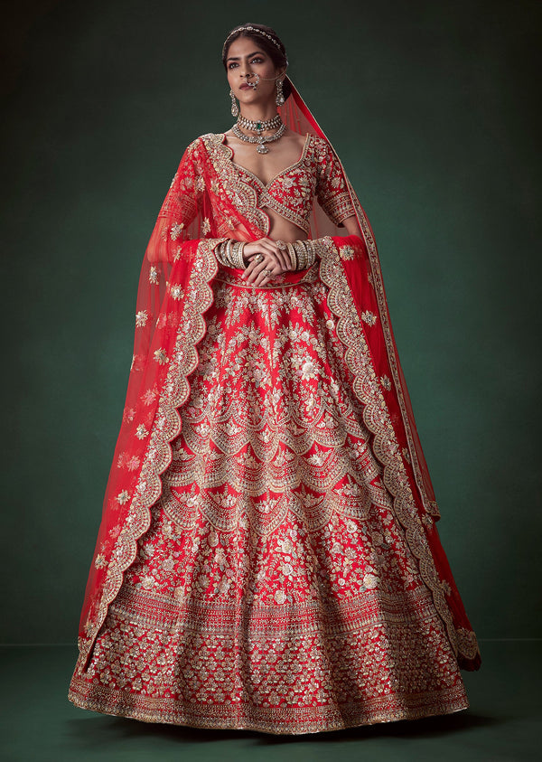 Red Silk Gold Zari Embellished Bridal Lehenga Set