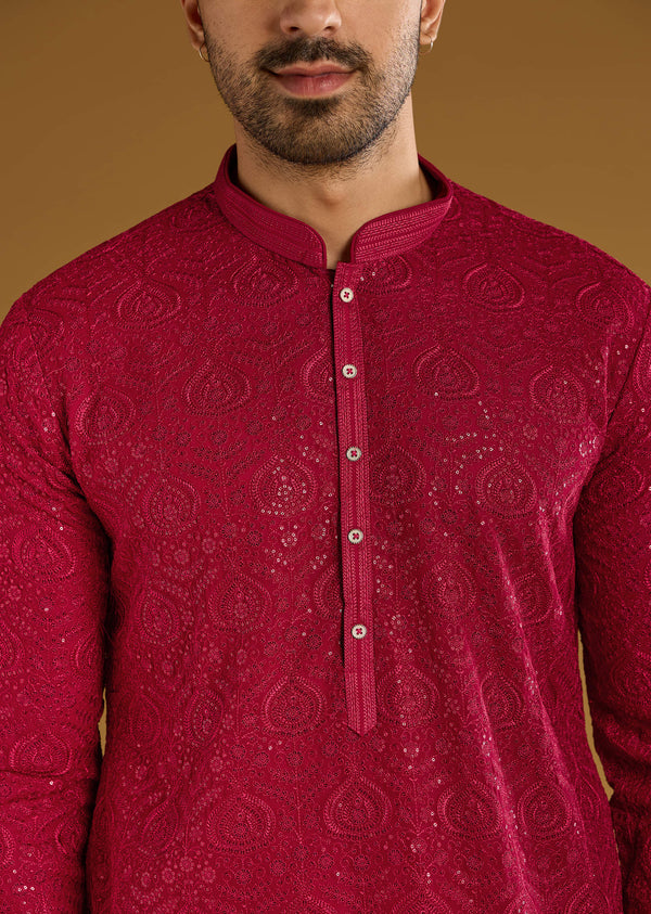 Red Silk Kurta Set For Men With Intricate Mirror Embroidery