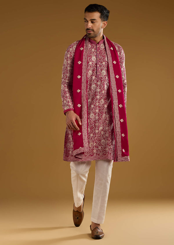 Red Silk Kurta Set For Men With Resham Embroidery