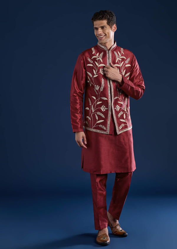 Red Silk Kurta With Mirror-Embellished Jacket