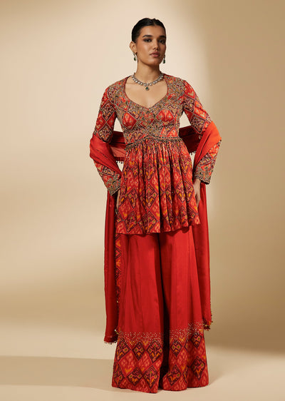 Red Silk Sequined Peplum Palazzo Suit Set