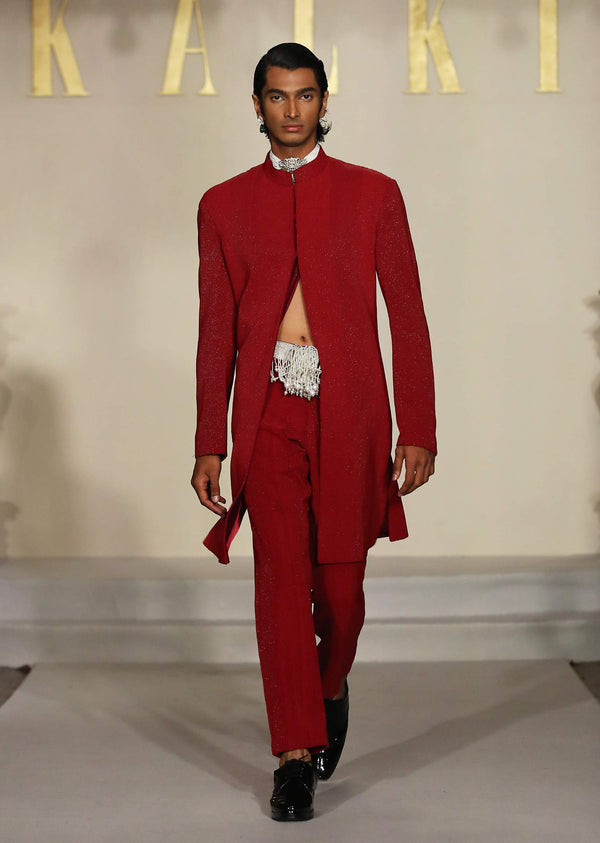 Red Silk Sherwani For Groom With Bead And Zardosi Embroidery