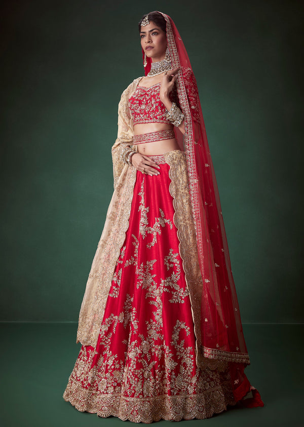 Red Silk Zari Work Bridal Lehenga Set with Two Dupattas