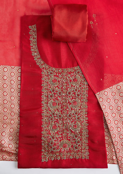 Red Tissue Cutdana And Sequin Embroidered Dress Material Set