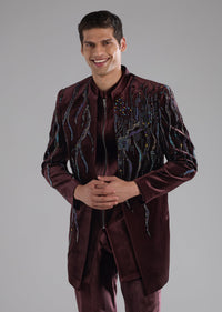 Red Velvet Indowestern Kurta Set with Bead Work