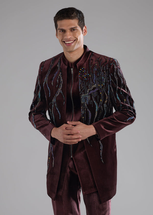 Red Velvet Indowestern Kurta Set with Bead Work