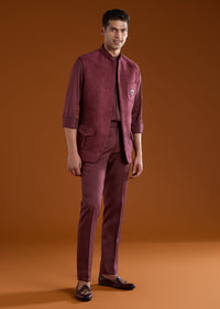 Red Zardozi Work Velvet Tuxedo and Pant Set
