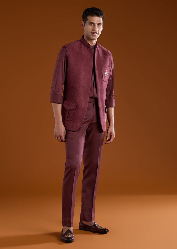 Red Zardozi Work Velvet Tuxedo and Pant Set