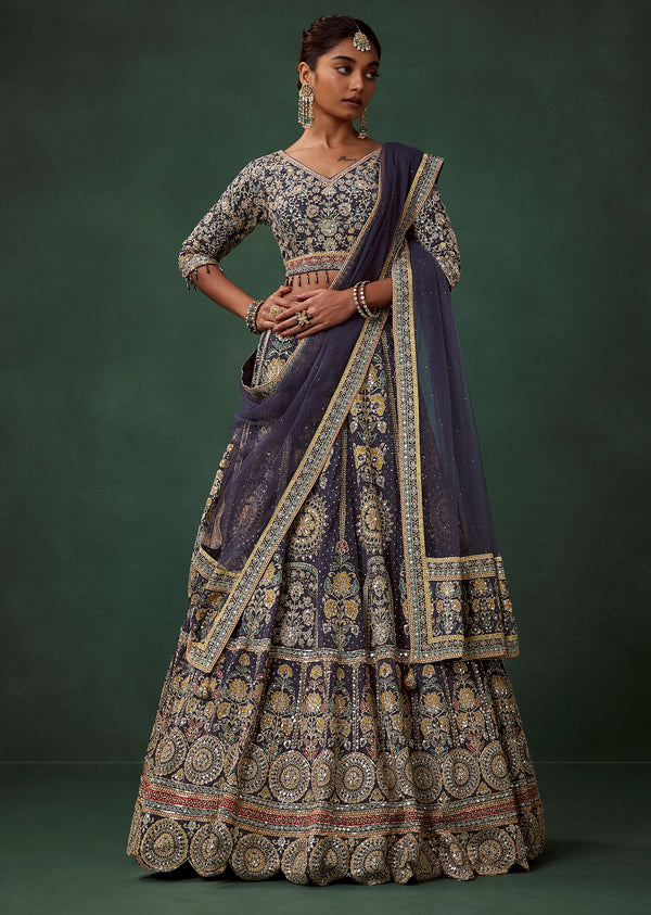 Royal Blue Printed Kali Bridal Lehenga Set with Cutdana Work