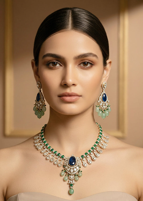Royal Blue Stone And Green Beaded Kundan Necklace Set