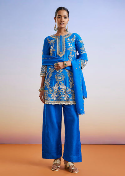 Royal Blue Zardosi Embroidered Silk Palazzo Suit With Dupatta