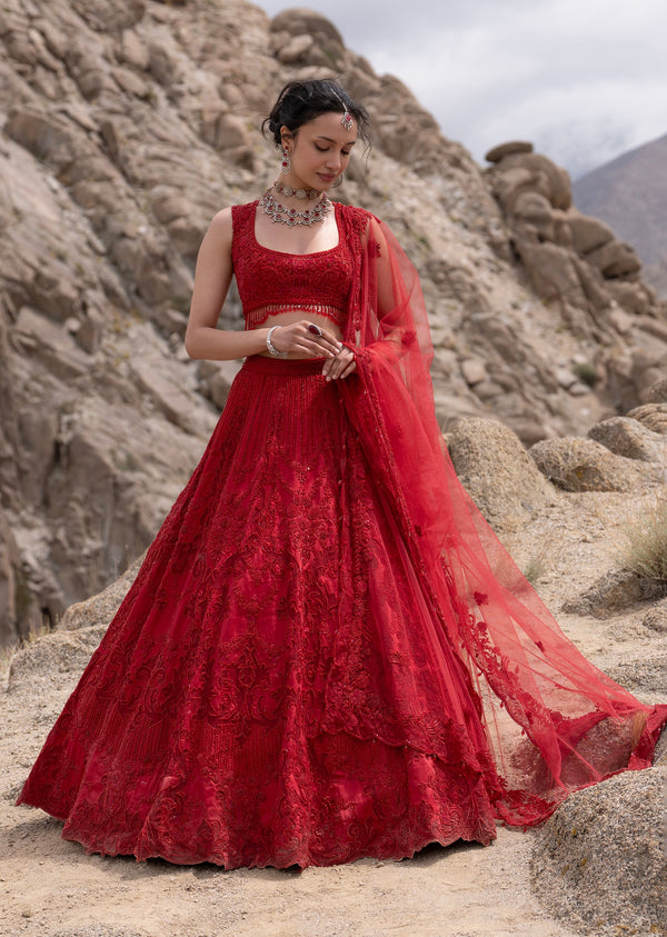 Ruby Red Satin Bridal Lehenga With Lace Panelled Embroidery