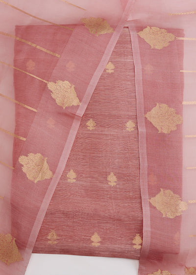 Rust Banarasi Silk Unstitched Suit Set With Dupatta