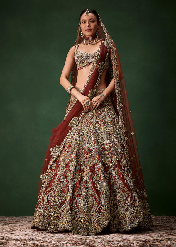 Rust Bridal Silk Embellished Lehenga Set with Two Dupattas